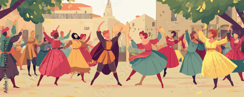 Vibrant vector of medieval street dance celebration scene.