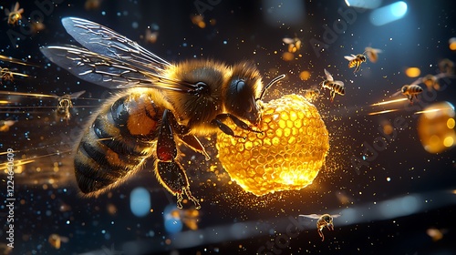 Honeybee carrying honeycomb, swarm in flight, dark background, nature, food production photo