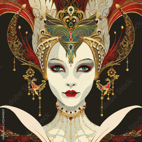 Exquisite masked portrait with ornate elements in vector design.