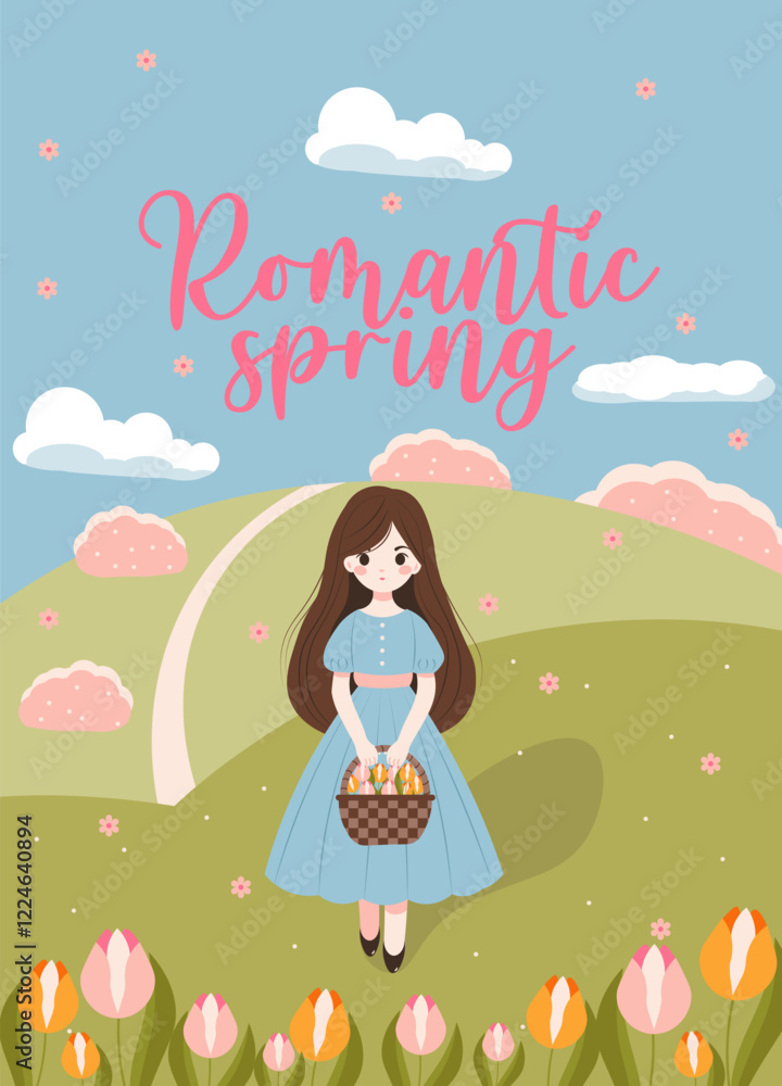 Flat-style illustration of a romantic spring scene featuring a beautiful girl holding a flower basket in a blooming meadow with tulips, and rolling hills. Perfect for seasonal and floral designs. Flat-style illustration of a romantic spring scene featuring a beautiful girl holding a flower basket in a blooming meadow with tulips, and rolling hills. Perfect for seasonal and floral designs.