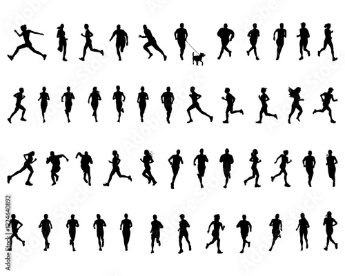 Black silhouettes of runners on a white background