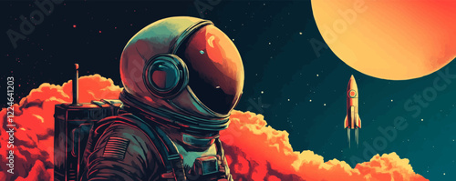 Vector space scene with astronaut, rocket, and planet in surreal style.