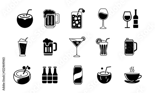 Beverages or drinks icon set. Containing bottle, wine glass, coconut, mineral water, tea, coffee, beer, soda can, juice, cup, cocktail. Vector illustration
