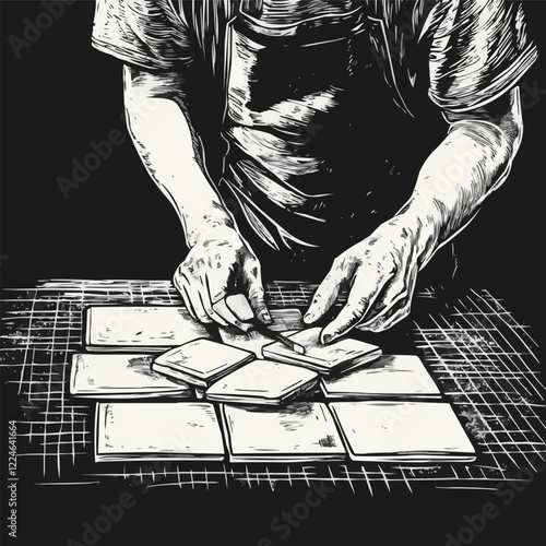 Vector art of artisan working with handmade ceramic tiles.