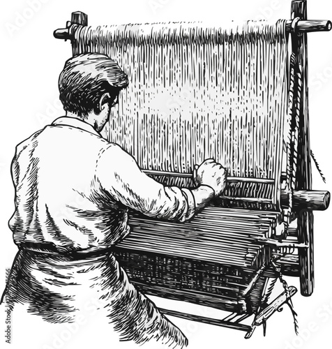Vector art of traditional loom weaving process with artisan.