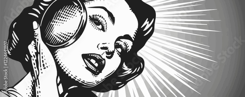 Retro pop art vector of a woman with headphones and radiating lines.