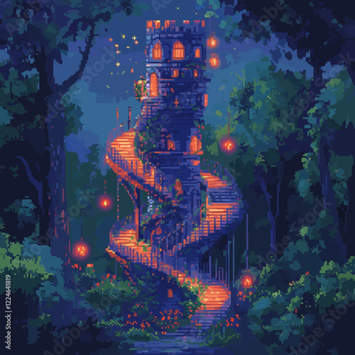Enchanted tower at night with glowing lanterns in a forest vector.