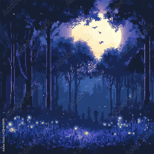 Vector art of moonlit forest with fireflies in pixel style.