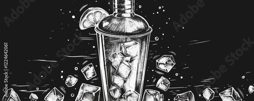 Vector cocktail shaker with ice cubes and lime on dark background.