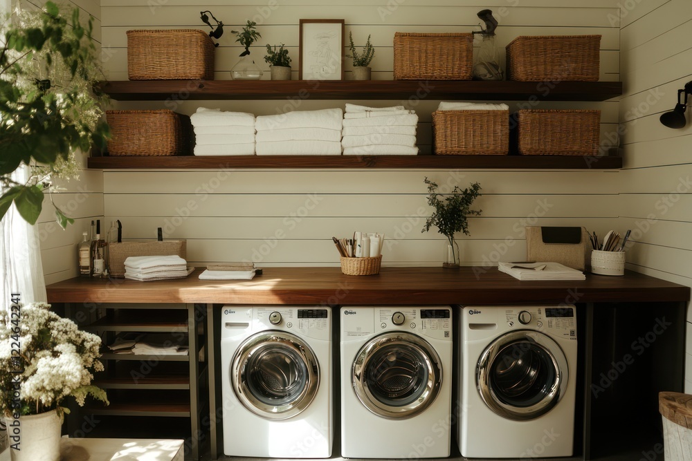 Laundry room with shelves and baskets, three machines below a long wooden counter, indoor home, lifestyle Laundry room with shelves and baskets, three machines below a long wooden counter, indoor home, lifestyle