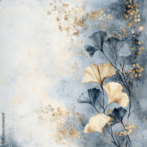 Ginkgo leaves watercolor art, blue-gold background, nature design, home decor