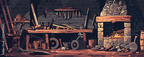 Medieval blacksmith workshop vector scene with forge and tools.