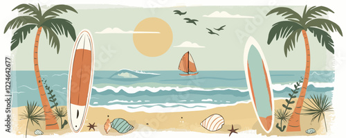 Vector beach scene with surfboards and palm trees at sunset.