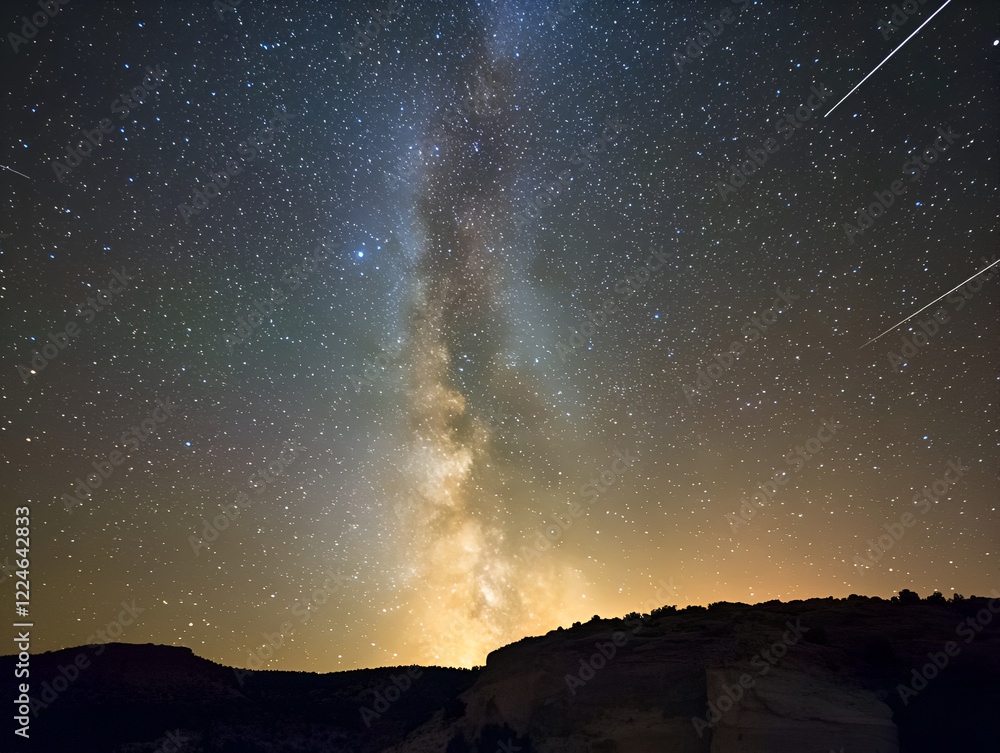 Milky Way Majesty: A breathtaking panoramic view of the Milky Way galaxy rising majestically over a dark, silhouetted landscape. Shooting stars streak across the canvas of cosmic wonders. Milky Way Majesty: A breathtaking panoramic view of the Milky Way galaxy rising majestically over a dark, silhouetted landscape. Shooting stars streak across the canvas of cosmic wonders.