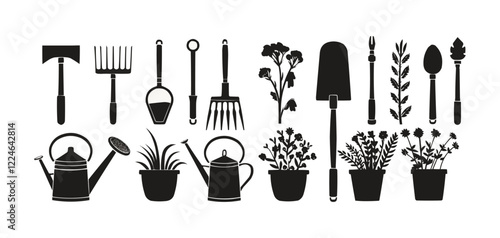 Garden tools and plants vector silhouettes: a comprehensive set for gardening enthusiasts.