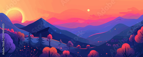 Colorful sunset mountain landscape vector with autumn trees. photo