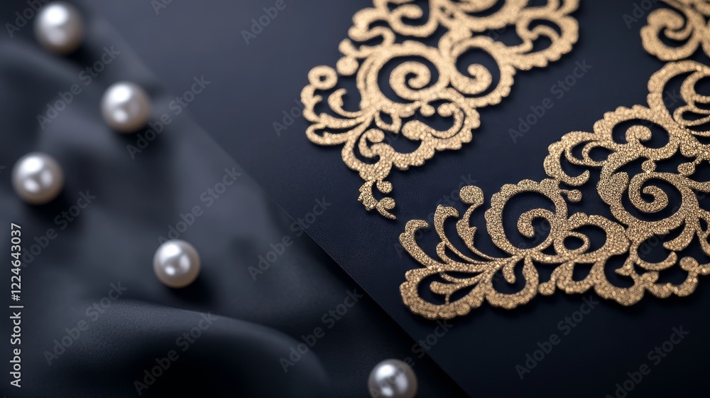 Fototapeta premium Elegant gold lace design on dark fabric with pearls, showcasing intricate craftsmanship and luxury