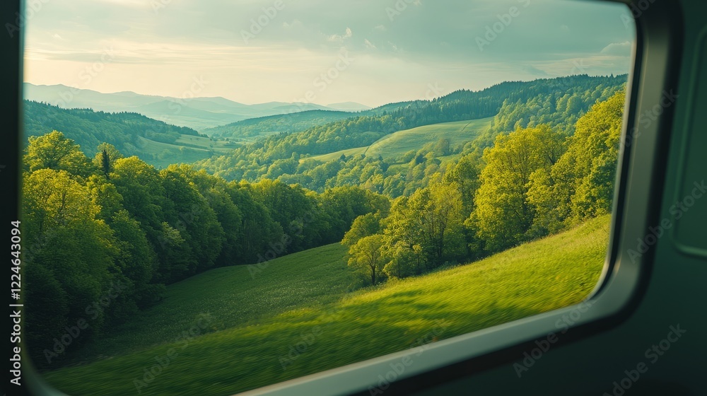 A traveler's view through a train window, highlighting a picturesque green forest, undulating hills, and a bright blue sky in the distance. A traveler's view through a train window, highlighting a picturesque green forest, undulating hills, and a bright blue sky in the distance.