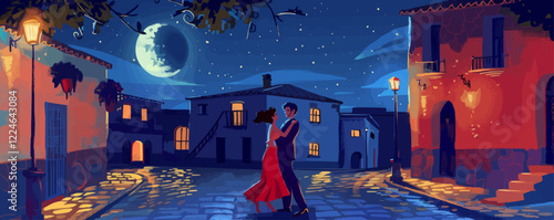 Romantic vector night scene with couple dancing under moonlit sky.