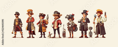 Vector steampunk characters with vintage costumes and accessories.