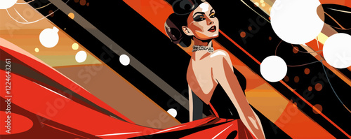 Stylish vector art of glamorous woman in red dress with abstract background.
