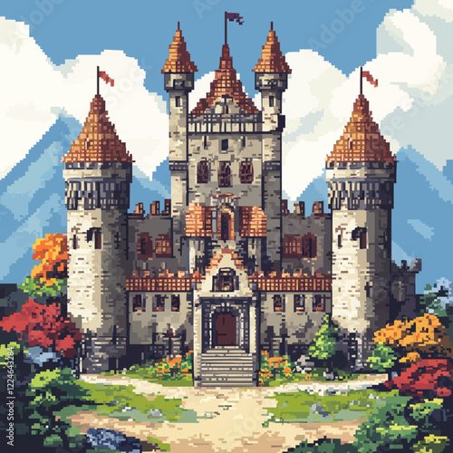 Vector pixel art castle surrounded by vibrant landscape.