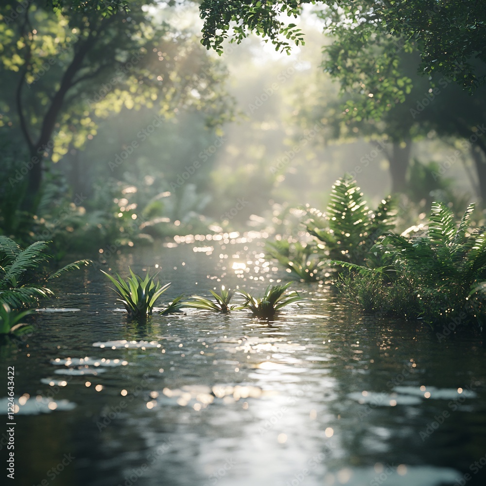 Serene forest stream glows softly sunlit morning. AI Generated Serene forest stream glows softly sunlit morning. AI Generated