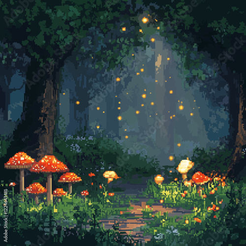 Enchanting forest path with glowing mushrooms and fireflies vector art.