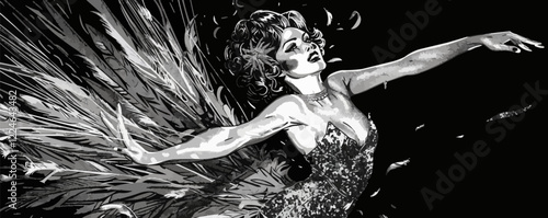 Elegant dance vector: monochrome style celebrating graceful motion and feathered fashion.