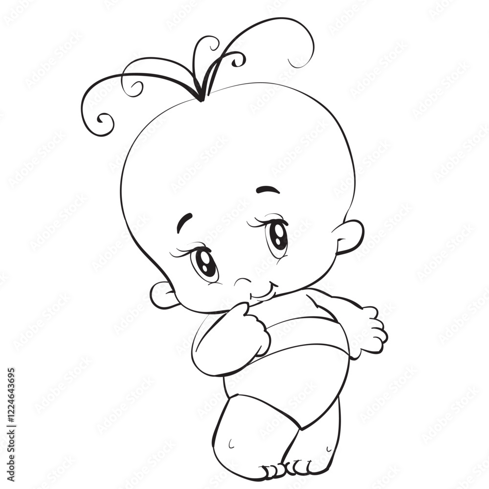 Printsketch, baby standing in a diaper and with three hairs on his head, coloring, isolated object on a white background, vector illustration, eps Printsketch, baby standing in a diaper and with three hairs on his head, coloring, isolated object on a white background, vector illustration, eps