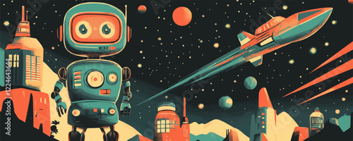 Retro-futuristic vector art: robot and spaceship in outer space adventure.