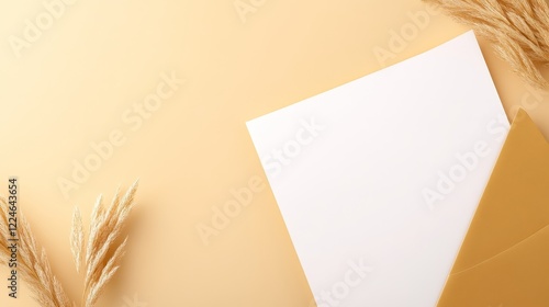 Minimalistic composition featuring blank white paper and an envelope on a soft beige background photo