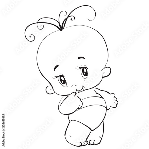 Printsketch, baby standing in a diaper and with three hairs on his head, coloring, isolated object on a white background, vector illustration, eps