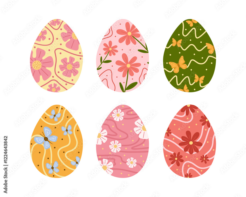 Decorative Easter eggs set with hand-drawn floral and butterfly patterns in pastel spring color palette. Bright and colorful eggs collection in vector Easter traditions concept. For banner, postcards. Decorative Easter eggs set with hand-drawn floral and butterfly patterns in pastel spring color palette. Bright and colorful eggs collection in vector Easter traditions concept. For banner, postcards.