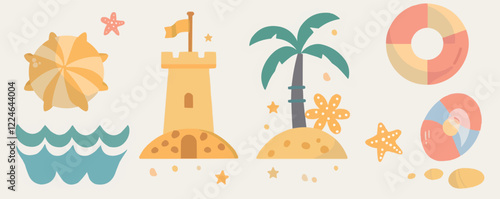 Summer beach vector elements: sandcastle, palm trees, lifebuoys, and starfish.