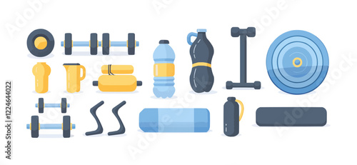 Vector exercise equipment collection with dumbbells and water bottles.
