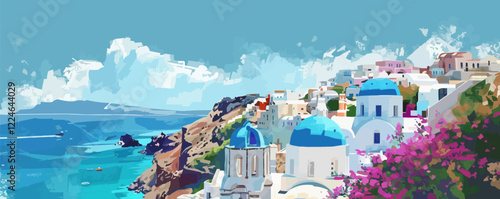 Santorini coastal village vector: idyllic seaside architecture with blue domes.