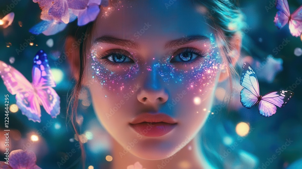 ethereal portrait of a young woman with iridescent butterfly wings glowing skin surrounded by floating luminous flowers and cosmic dust in a dreamy atmosphere ethereal portrait of a young woman with iridescent butterfly wings glowing skin surrounded by floating luminous flowers and cosmic dust in a dreamy atmosphere
