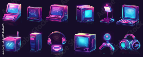 Retro tech vector icons set featuring neon gaming and computing devices.