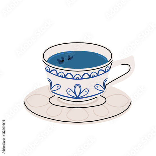 Blue latte and tea. Butterfly pea drinks. Ceramic cup on saucer, glass double wall cup. Blue tea drink with milk foam. Blue iced matcha latte in various cups. Vector Illustration, flat cartoon Icons.