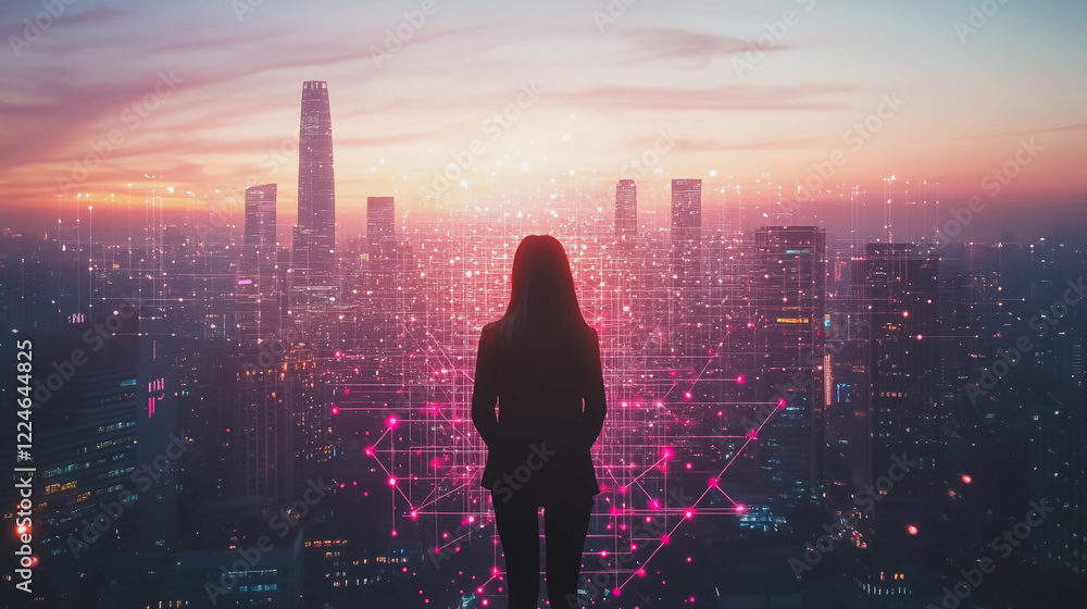 Abstract business woman stands on Smart digital Innovation city with connection network reciprocity over the twilight cityscape. of future wireless digital city and social media networking systems Abstract business woman stands on Smart digital Innovation city with connection network reciprocity over the twilight cityscape. of future wireless digital city and social media networking systems