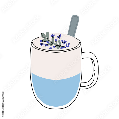 Blue latte and tea. Butterfly pea drinks. Ceramic cup on saucer, glass double wall cup. Blue tea drink with milk foam. Blue iced matcha latte in various cups. Vector Illustration, flat cartoon Icons.