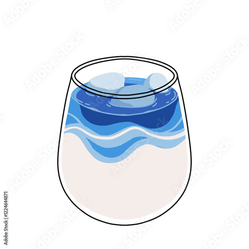 Blue latte and tea. Butterfly pea drinks. Ceramic cup on saucer, glass double wall cup. Blue tea drink with milk foam. Blue iced matcha latte in various cups. Vector Illustration, flat cartoon Icons.