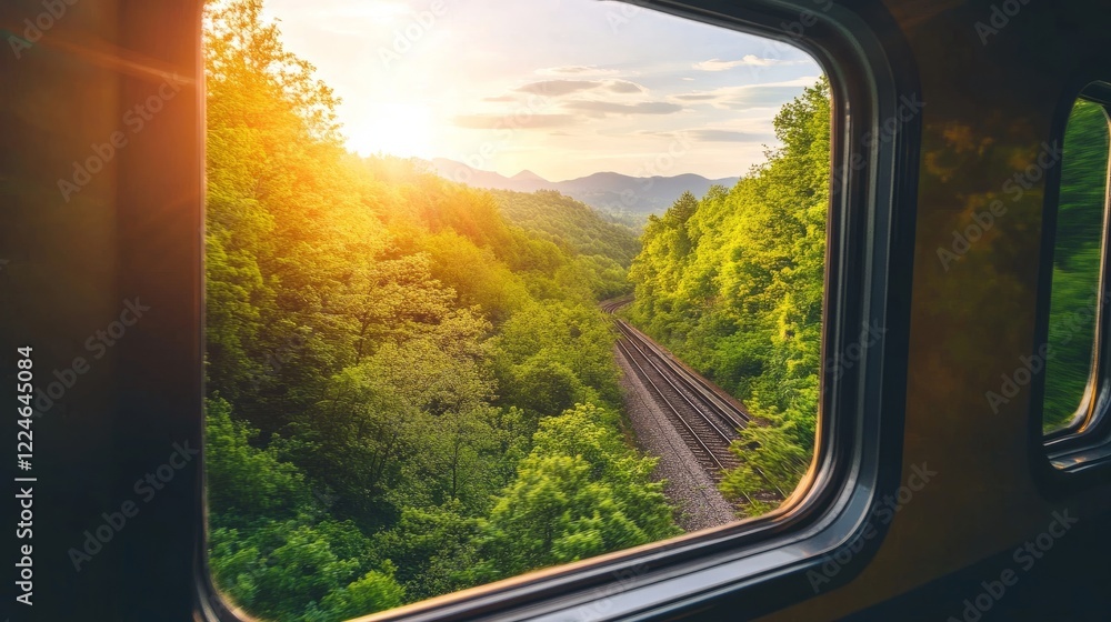 Scenic train ride with a window view of dense green forests, rolling terrain, and a bright, sunny sky, perfect for a tranquil escape. Scenic train ride with a window view of dense green forests, rolling terrain, and a bright, sunny sky, perfect for a tranquil escape.