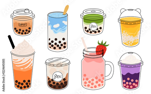 Set of plastic glasses with Taiwanese bubble or boba milk tea with different flavors: matcha, honeydew, etc. Collection of cold Asian drink from tapioca pearls. Colorful flat vector illustration