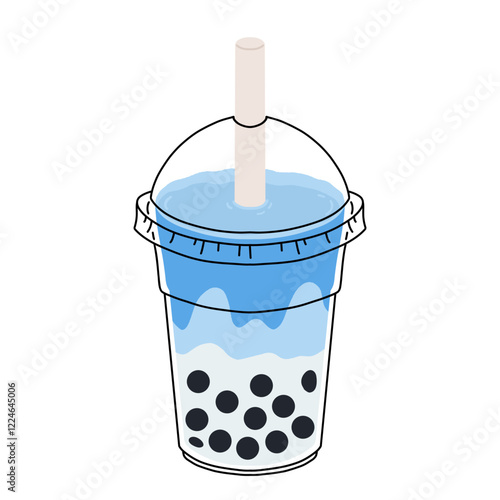 Blue latte and tea. Butterfly pea drinks. Ceramic cup on saucer, glass double wall cup. Blue tea drink with milk foam. Blue iced matcha latte in various cups. Vector Illustration, flat cartoon Icons.