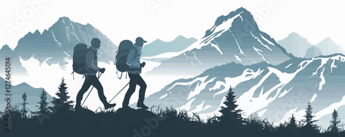 Vector art of hikers in mountainous landscape silhouette at dawn.