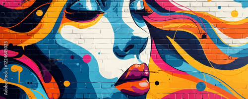 Vibrant vector artwork of colorful abstract face on brick wall.