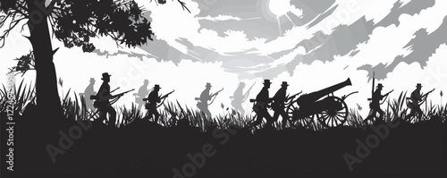 Vector silhouette of soldiers marching in battle scene.