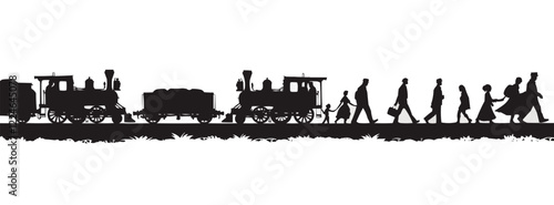 Vector silhouette of steam train and walking people on railroad.